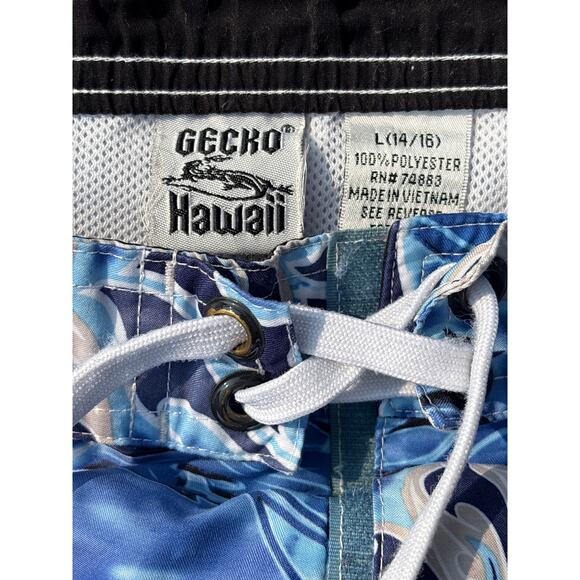 Gecko Hawaii Swim shorts trunks y2k 2000 L 14/16 Teen blue/silver tribal flower - Picture 2 of 3